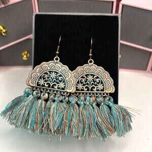 Boho Bronze Teal Tassel Earrings Vintage Carved Statement